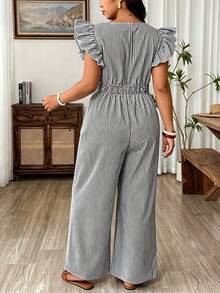 Weeklong Plus Size Women's Fashion Casual Black And White V-Neck Flutter Sleeve Cinched Waist Wide Leg Jumpsuit, Suitable For Spring/Summer, Vacation, Holiday - Black and White - View 2