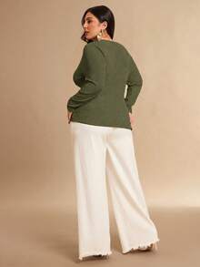 SHEIN BAE Plus Size Women's Casual Solid Color Front Button Top, Spring/Autumn - Army Green - View 2