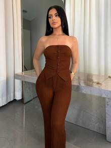 Vassilux Commute Minimalist Office Simple Satin Sexy Elegant Party Top & Long Pants Set Summer Brown - Brown - View 6