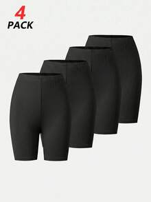 4 piezas de leggings tipo bermuda de unicolor para adolescentes, estilo minimalista versátil para uso diario y casual, tela de punto suave de color negro puro que combina con todo, ajuste ceñido y delgado para verano, shorts anti-exposición con cintura elástica alta - Multicolor - Ver 4