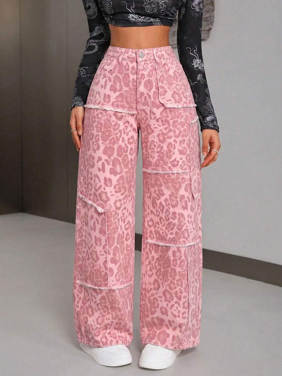 SHEIN PETITE 女款高腰豹紋印花毛邊寬腿寬鬆休閒牛仔褲 - 粉色 - 查看 1