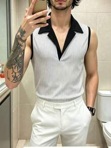 Manfinity Dauomo Men's Striped Colorblock Casual Tank Top - Black and White - View 6