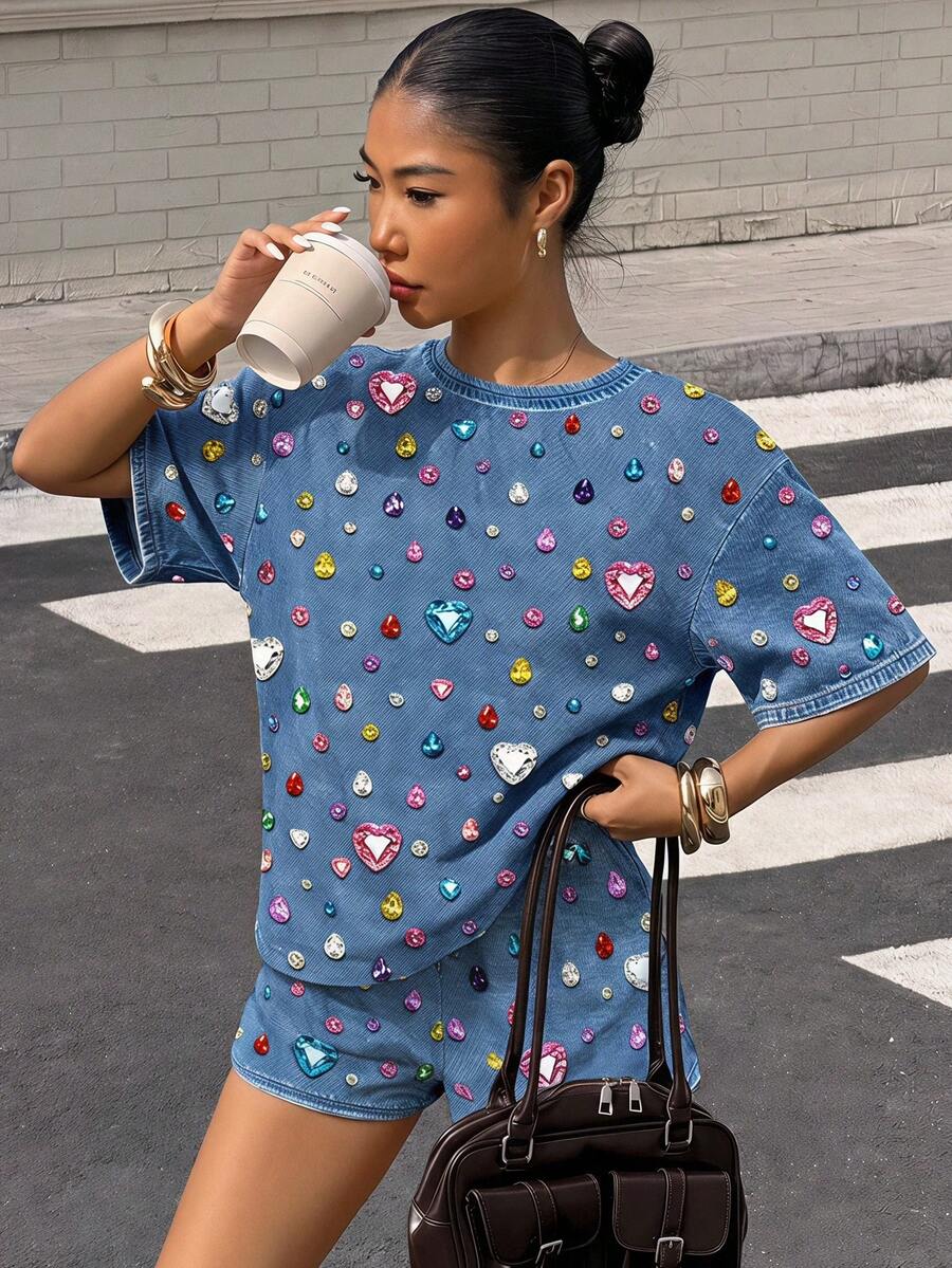 青少年女孩休閒可愛甜美波點亮面紋理愛心印花,鈷藍色,短袖短褲兩件套,適合夏季舒適春夏季風格,圖案,卡哇伊 - 彩色 - 查看 1