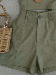Franclia Summer Casual Solid Color V-Neck Tie Shoulder Top And Shorts Set - Army Green - View 5