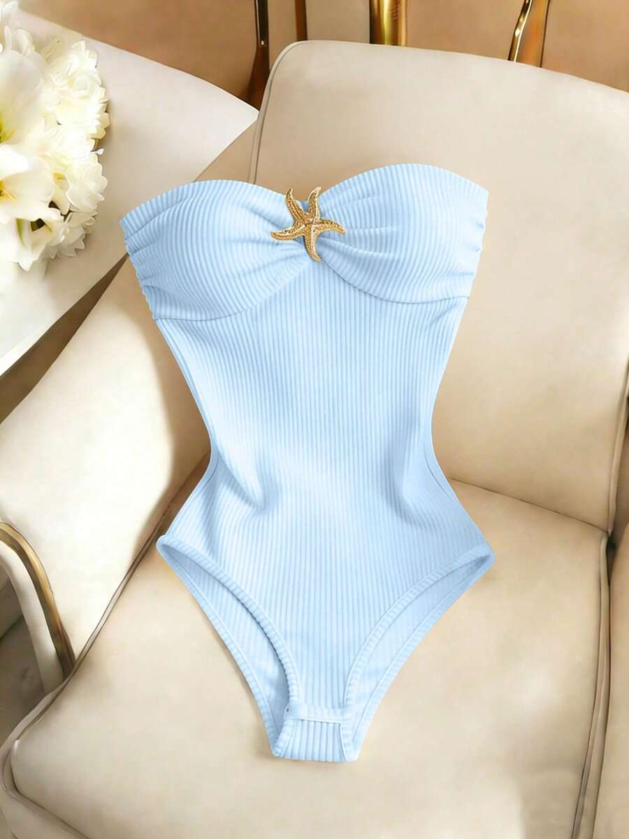 INAWLY 女款純色金屬海星裝飾休閒百搭日常穿搭抹胸連身衣 - 淺藍色 - 查看 1