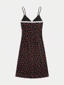 lacRébo Schwarzes Blumen-Polka-Dot-Spaghettiträger-Kleid in Knielänge mit weißem Spitzenbesatz und Bustier-Design - Schwarz - Übersicht 7