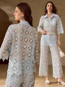 MOTF PREMIUM ELEGANT TROPICAL WOMEN'S COLLARED BELL SLEEVE CROCHET SHIRT, FOR SPRING-SUMMER VERSATILITY FOR SPRING WEDDINGS VACATION, GARDEN PARTIES, LIGHT BLUE - Baby Blue - View 2