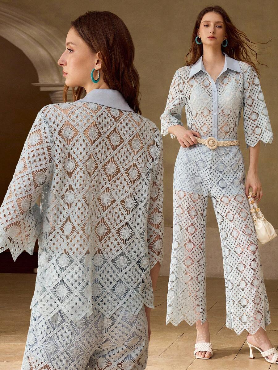 MOTF PREMIUM ELEGANT TROPICAL WOMEN'S COLLARED BELL SLEEVE CROCHET SHIRT, FOR SPRING-SUMMER VERSATILITY FOR SPRING WEDDINGS VACATION, GARDEN PARTIES, LIGHT BLUE - Baby Blue - View 2