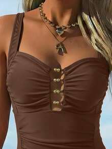 Swim Lushoire Women's One-Piece Swimsuit With Ruched Front Sides And Three Small Coffee Brown Button Decor On Chest Beach Party Summer Sexy - Coffee Brown - View 3