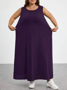 SHEIN CURVE+ 大尺碼女款夏季洋裝 度假洋裝 畢業禮服 商務休閒女裝 辦公洋裝 新款時尚休閒通勤穿搭 條紋無袖口袋長洋裝 A字裙 黑白條紋洋裝 - 紫色 - 查看 3