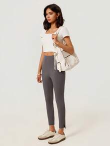 SHEIN BASICS 女款純色彈性腰休閒百搭內搭褲 - 灰色 - 查看 6