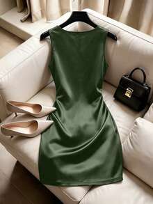 SHEIN Franclia Fashionable High-End Fitted Pleated Sleeveless Sexy Women's Dress, Women's Spring/Summer Dress, Vacation, Outing, Y2K, Spring, Summer, Back To School, Casual, Beach, Business, Versatile, Women's Black Dress - Green - View 2