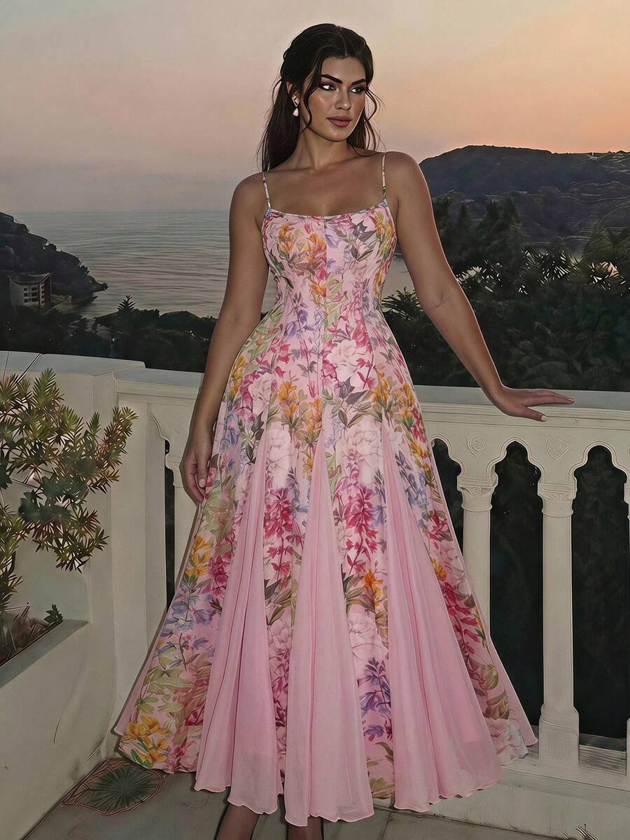 SHEIN MOD 大码女士浪漫碎花撞色连衣裙,适合度假、约会 - 彩色 - 查看 1