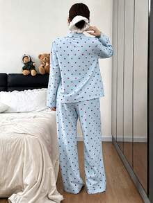 SHEIN Casual Underwear&Sleepwear 女款寬鬆版型翻領紅色愛心印花長袖長褲睡衣套裝 - 藍色 - 查看 2