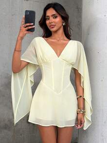 Aloruh Women's Deep V-Neck Cinched Waist Boning Umbrella Hem Mini Dress - Yellow - View 4