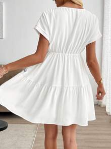Breezaya Vacation-Style Embroidered Plunge Neck Sexy Slim A-Line Mini Dress, Short Sleeve - White - View 2