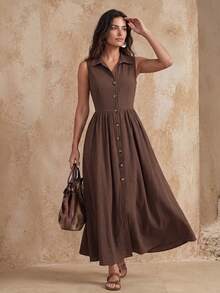 Faunlyn Women's Summer Casual 70s 2000s Solid Color Front Button Sleeveless Dress Vacation Coffee Brown - Brown - View 6