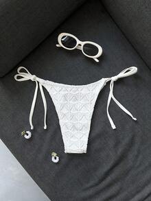 Bonvoyette Solid Color, Lacy, Knitted Triangle Swimsuit For Women, Low-Rise, With Straps. Bikini Bottom. Summer, Hot Springs, Vacation, Beachwear. Bikini Bottom. - White - View 2