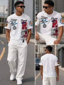 Sorvial Camiseta de manga corta con cuello redondo para hombre, diseño minimalista con letras y conejo - Blanco - Ver 2