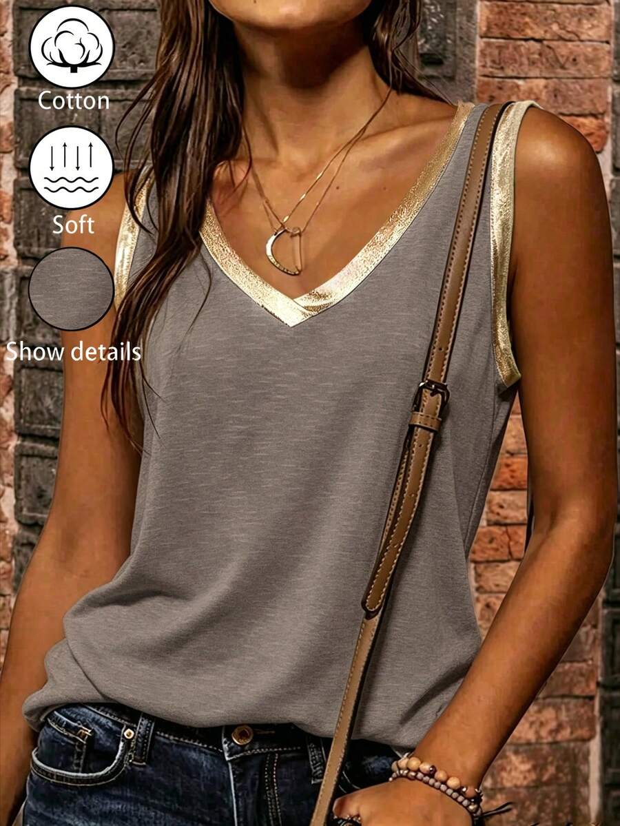 SHEIN 女款拼色V領休閒百搭背心 - 卡其色 - 查看 1