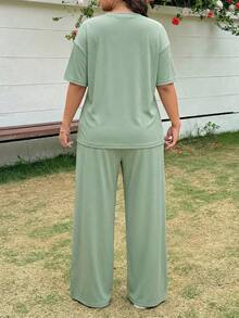 Muchica Conjunto de 2 piezas de talla grande, de ajuste holgado, con cuello redondo y manga corta, en color verde menta, para primavera/verano - verde menta - Ver 2