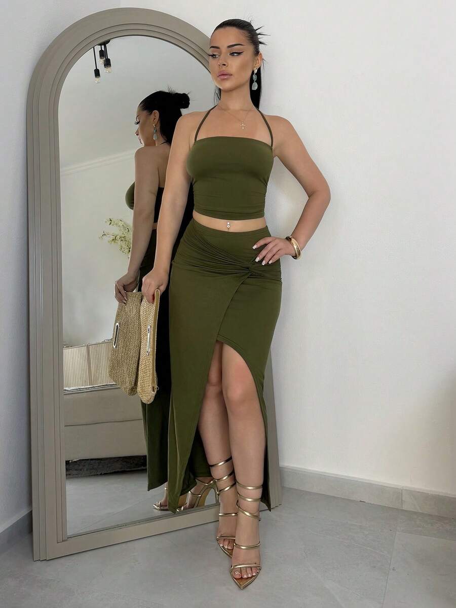 Vassilux 女款性感開衩扭結掛脖上衣與高腰裙兩件套,春夏季優雅 - 軍綠色 - 查看 1