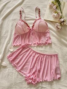 Snug Reverie 2件套女士花卉刺绣装饰网眼内衣套装，可爱 - 粉色 - 查看 1