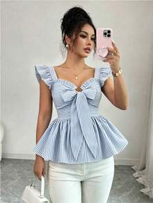 GlowEve Stylish Blue Striped Woven Peplum Blouse For Women With Sweetheart Neckline And Flutter Sleeve,Summer Commuting - Blue and White - View 6