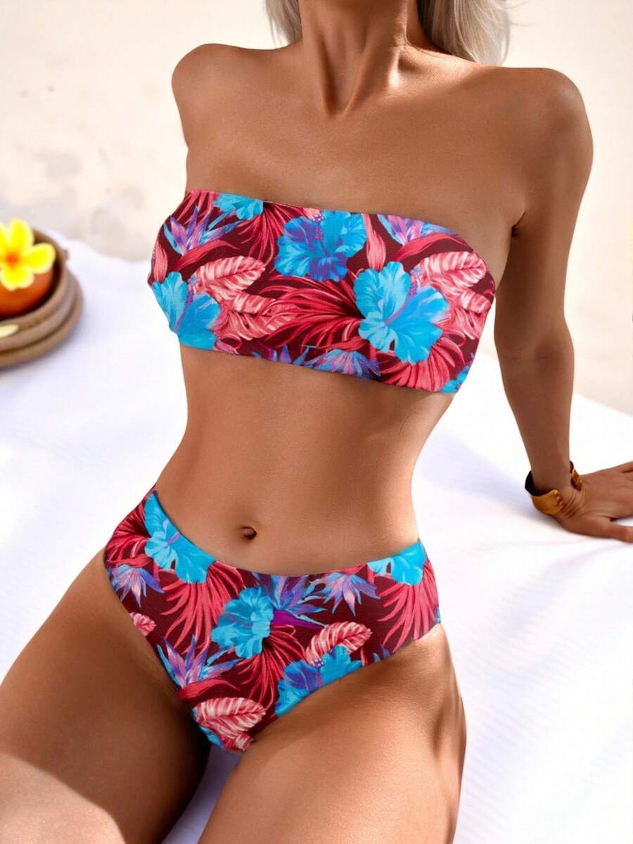 Swim Lushoire 女款 2 件式花卉印花抹胸比基尼泳衣套裝,度假適用 - 酒紅色 - 查看 1