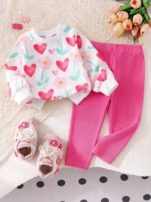 SHEIN Playful Pals 嬰兒幼兒休閒日常可愛運動衫套裝 粉色花卉印花俏皮上衣 針織內搭褲 女嬰秋季服飾 - 粉色 - 查看 1
