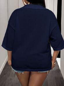 Slaydiva Plus Size Summer Casual Solid Color Knit Top - Navy Blue - View 2
