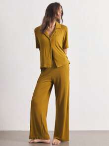 Ocili Women's Solid Color Short Sleeve Single-Breasted Top And Pants Casual Loungewear Set - Mustard Yellow - View 3