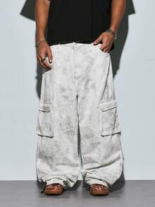 Modcrash Vintage Distressed Cargo Pants, Loose Wide Leg Pleated Design, Streetwear Multi-Pocket Casual Jeans - Light Grey - View 5
