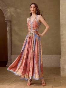 MOTF PREMIUM WOMEN'S AUTUMN/WINTER V-NECK PLACED PRINT WAIST CUTOUT DESIGN LONG DRESS - Multicolor - View 4
