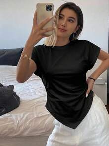 DAZY Women's Fitted Asymmetrical Hem Waist Gathered T-Shirt Summer - Black - View 15
