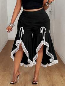 Maweii Plus Size Women's Elegant Solid Color Fabric & Lace Trim Patchwork Ruched Tie Asymmetrical Flare Pants, Daily Wear, Commute Wear - Black - View 5