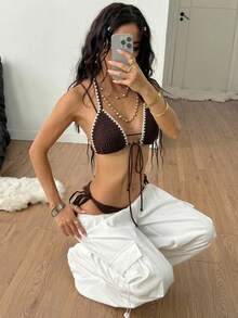 Coolane 女款夏季派對度假休閒性感Y2k波西米亞復古鄉村演唱會棕色修身露背短版比基尼上衣 - 棕色 - 查看 7