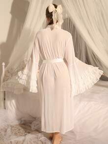 DelicateAllure French Elegant Romantic Noble Lace Trim Patchwork Flare Sleeve Sheer Mesh Tie-Up Plus Size Nightgown - White - View 2