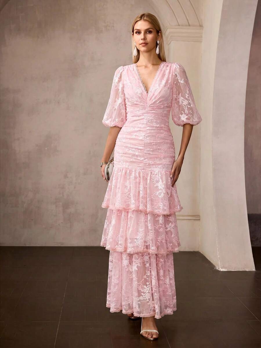 MOTF Soiréza SPRING/SUMMER WOMEN'S LACE TIERED DRESS, ROMANTIC LONG COCKTAIL GOWN - Multicolor - View 1