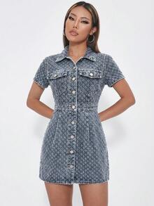 SHEIN PETITE 女款單排扣休閒派對與旅行牛仔短袖洋裝 - 藍色 - 查看 5