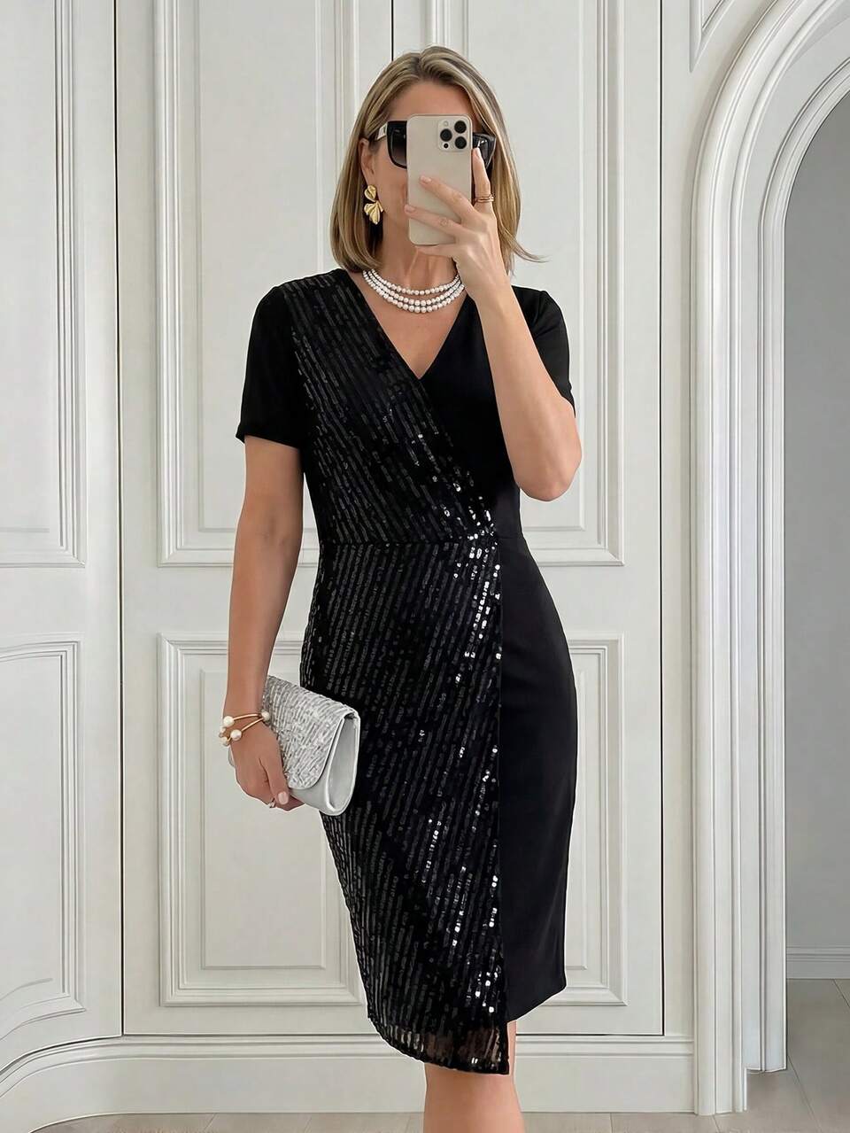 Women's V-Neck Metal Decor Chain Link Casual Party Dress