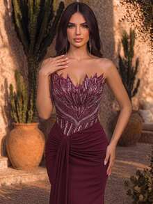 Glamrae Women's Strapless Colorblock Pleated Elegant Formal Vow Waist-Cinching Evening Prom Party Dress Wedding Burgundy Summer - Red - View 2