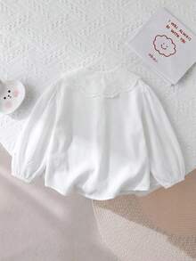 SHEIN 少女休閒百搭學院風白色彼得潘領長袖襯衫 - 白色 - 查看 3