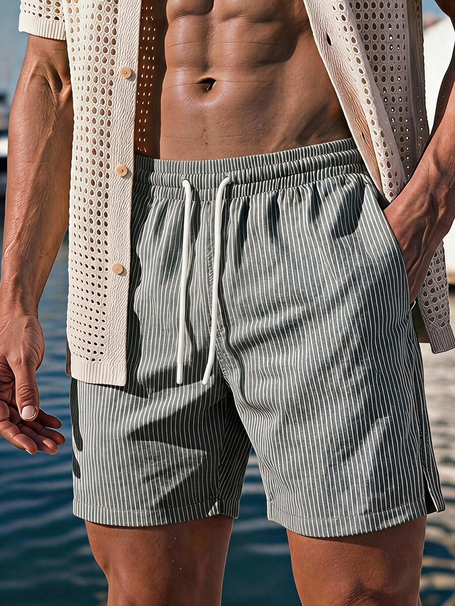 Ocevento Pantalones cortos de moda versátiles con rayas, cintura con cordón y bolsillos para hombres