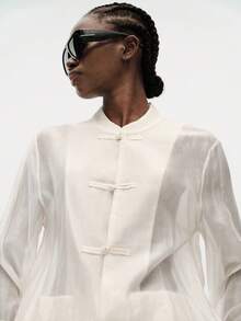 Aveloria Modichic Women's Satin Knot Button Shirt, Round Neck Long Sleeve With Cuffs, Chest Pocket, Straight Hem Top - White - View 1