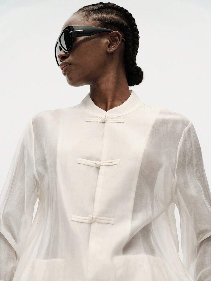 Aveloria Modichic Women's Satin Knot Button Shirt, Round Neck Long Sleeve With Cuffs, Chest Pocket, Straight Hem Top - White - View 1