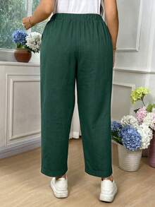 EMERY ROSE Plus Size Women's Casual Solid Color Cotton Folded Long Pants Fall - Dark Green - View 2