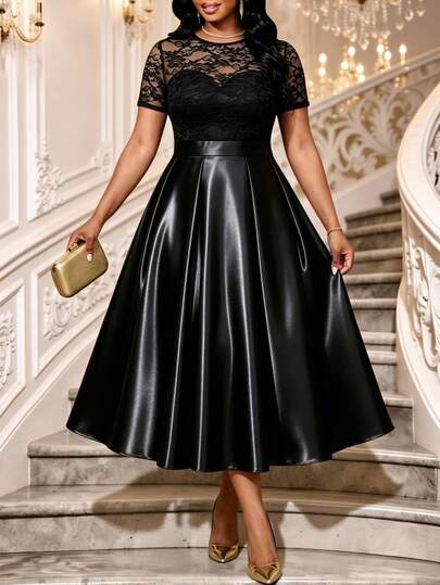 Fleurora Plus Size Women's Lace Patchwork Elegant Waist-Defining Party Dinner Evening Formal Cocktail Wedding Dress Black Outfits Summer