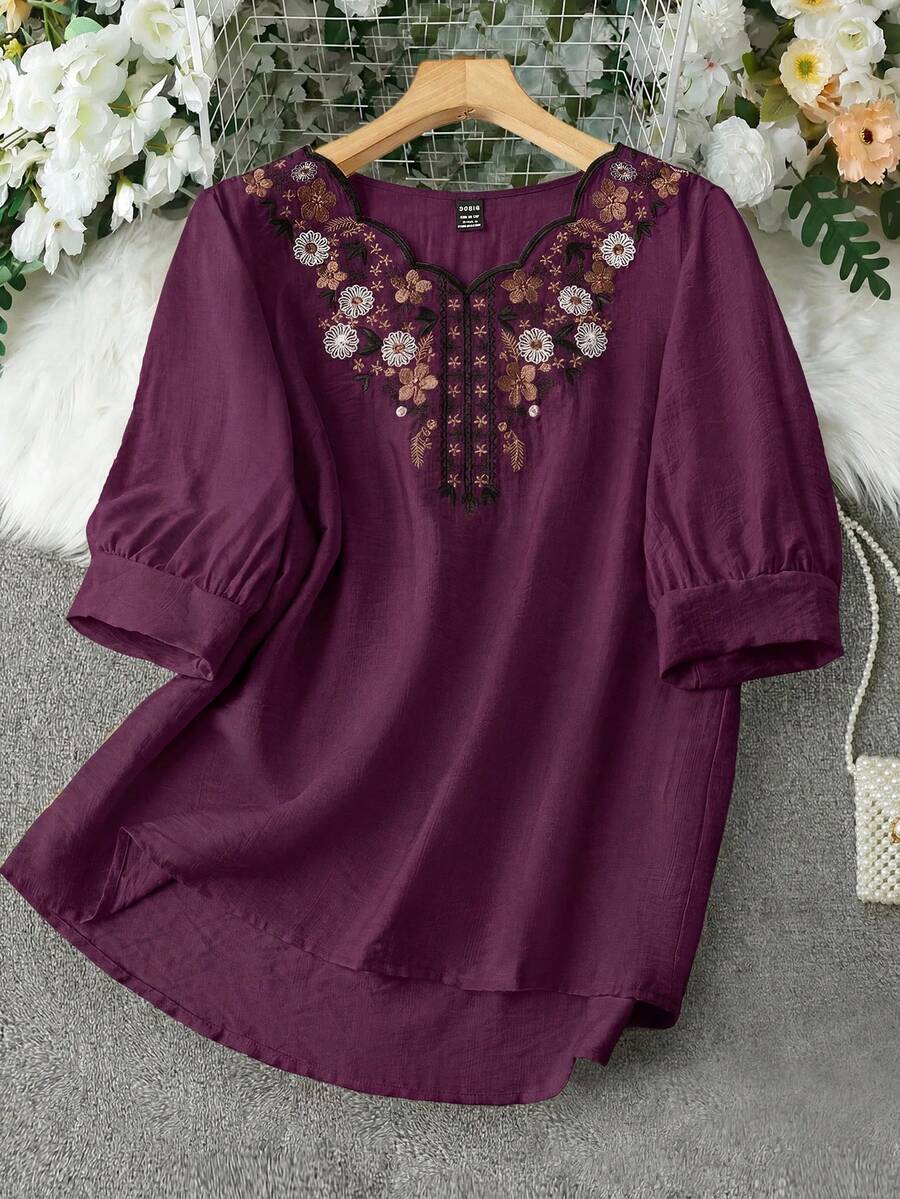 Modelyn Áo blouse nữ họa tiết thêu hoa phong cách thường ngày đa năng mặc hàng ngày - Màu tím - Xem 1