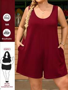 SHEIN CURVE+ 女款大尺碼純色圓領口袋休閒軟挺商務休閒寬鬆連身褲，適合早午餐、度假，酒紅色，夏季 - 酒紅色 - 查看 2